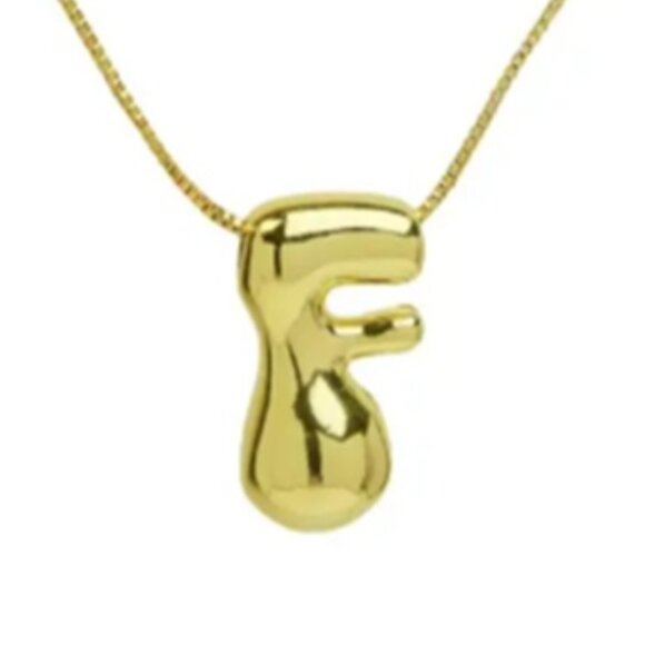 14k Gold Plated Chunky Balloon Bubble Initial Charm Pendant Necklace - Letter F - Picture 1 of 2